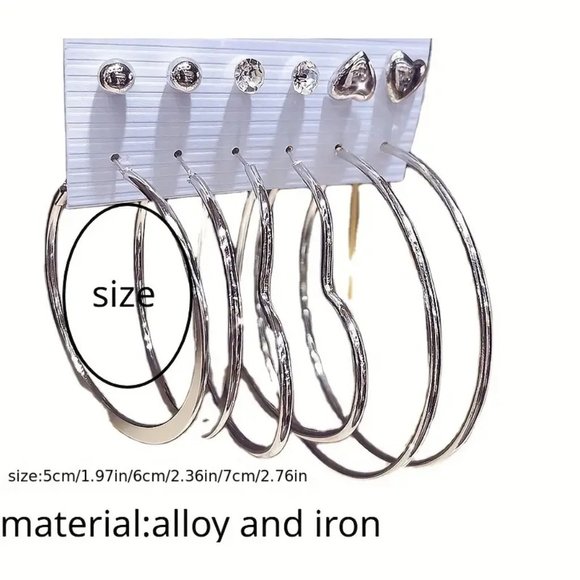 6 Pairs C Shape Heart Shape Geometric Big Circle Hoop Earrings Set - Picture 2 of 3